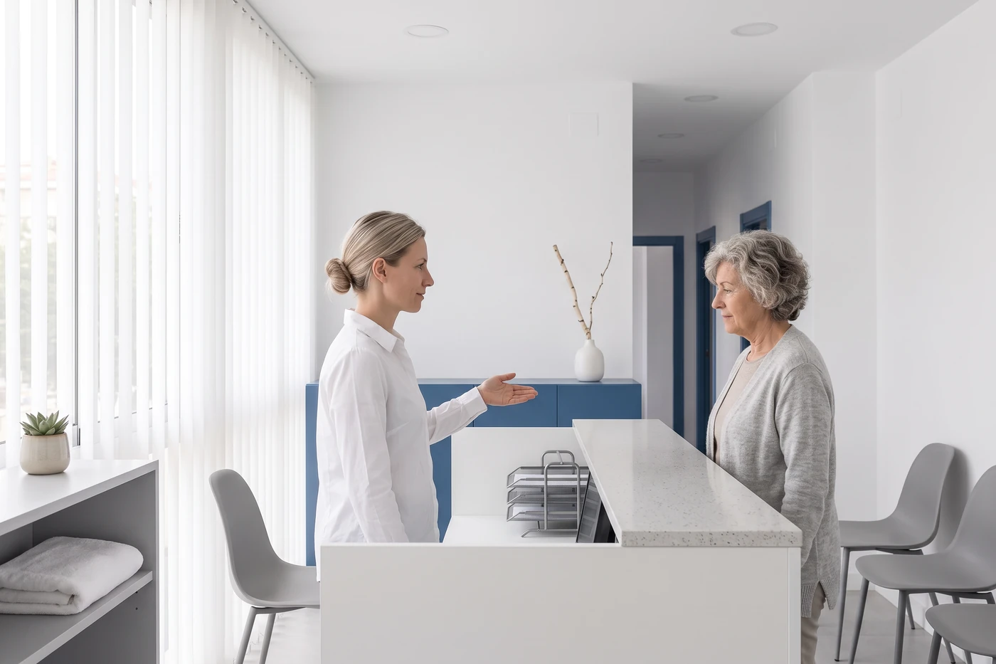 The reception desk, with someone being shown in.