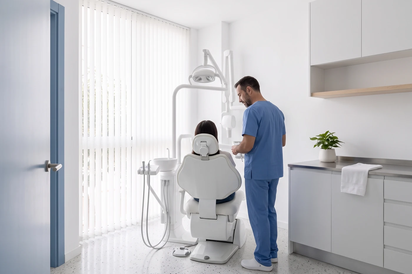 A treatment room during an appointment, seen from the doorway.
