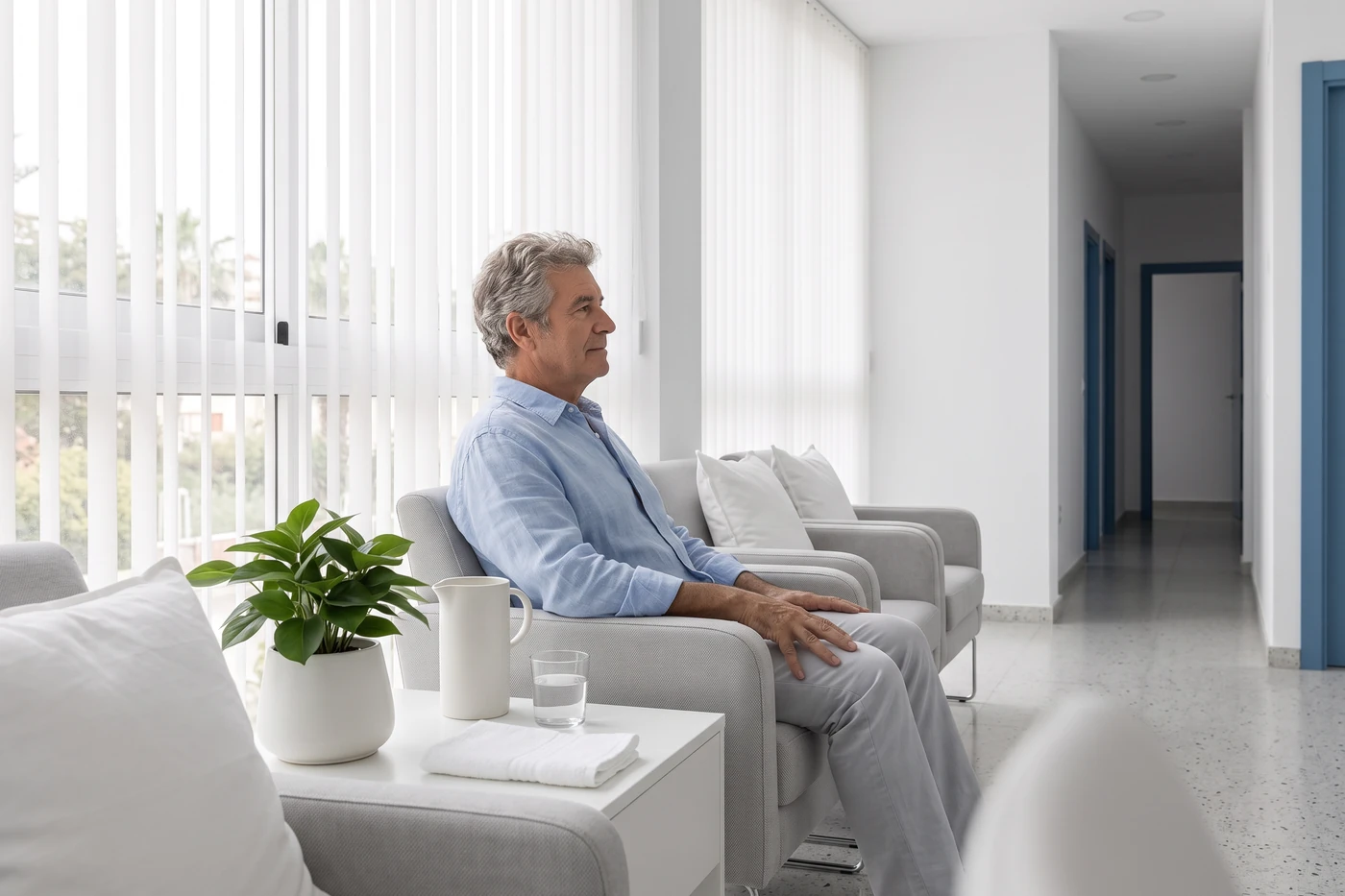 The waiting area, with chairs along a window onto the street.